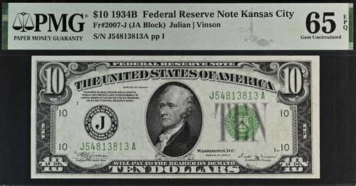 1934B $10 Federal Reserve Note PMG 65EPQ - Kansas City Gem - Vinson - Fr 2007-J - Picture 2 of 3