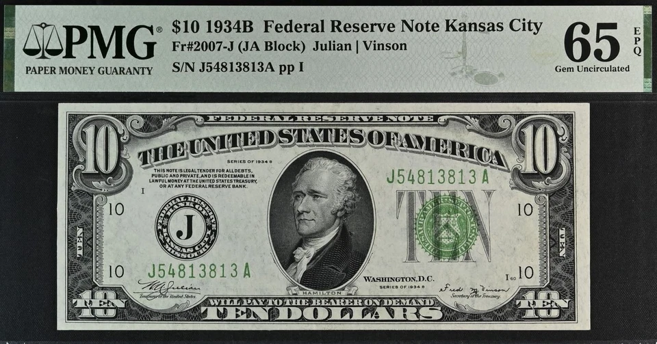 1934B $10 Federal Reserve Note PMG 65EPQ - Kansas City Gem - Vinson - Fr 2007-J - Image 2 of 3