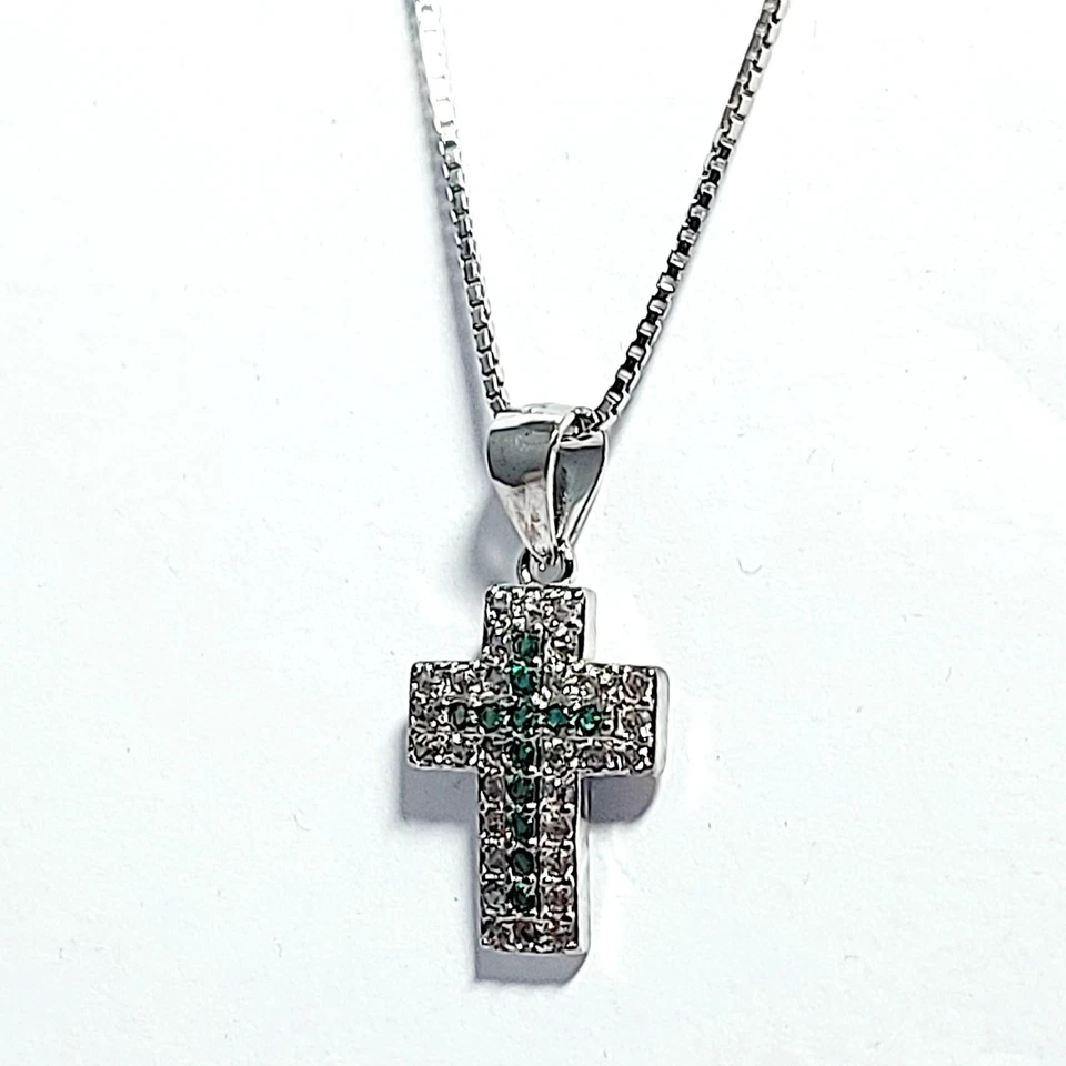 Collana Catena Veneziana Crocetta Argento925 Ciondolo Pendente Zirconi Brillanti - Immagine 3 di 4