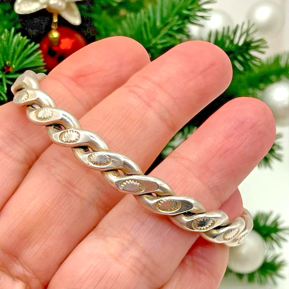 Brazalete trenzado de plata de ley 925 con diseño étnico grabado sólido, 6" ~ 23,6 g Foto 3 de 4