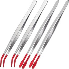 4 Pieces Tweezers with Rubber Tips PVC Rubber Coated Tweezers Long Bent Tip Red