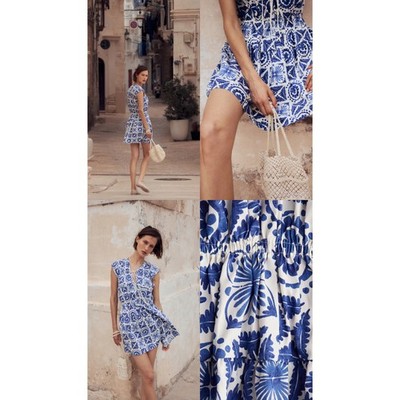 H&M Blue White Tile Print Smocked Waist Cotton Mini Dress XXL Cap Sleeve Tie