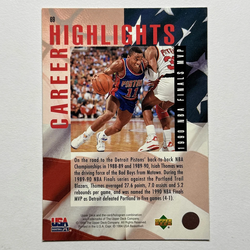 1994 Upper Deck USA Basketball #69 Isiah Thomas Gold Medal Pistons - Image 2 of 2