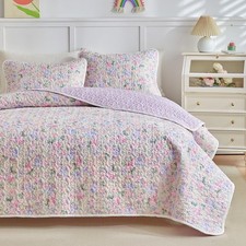 3 Pieces Cotton Quilt Set for Girls, Queen Size Purple n Pink Flowers Violet ...