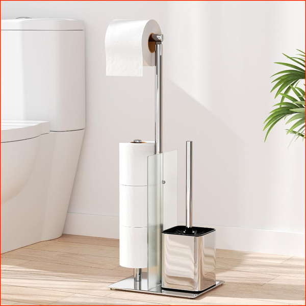 Toilettenpapierhalter Stehend Edelstahl Mit WC BüRste Ohne Bohren Silber-image