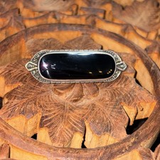 Vintage ~ Art Deco ~ Sterling Silver & Onyx Marcasite Bar Pin Brooch ~