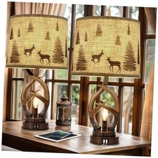Rustic Farmhouse Antlers Table Lamp Set of 2 with Nightlight Dual USB Brown