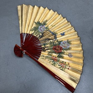 Asian Oversize Wall Fan Hand Painted Chinese Wall Artwork 40”x70” Gold Floral