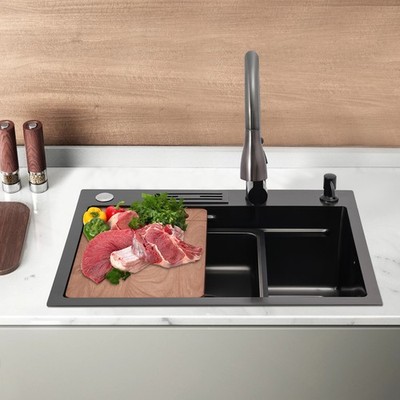 Kitchen Sink Stainless Steel Multifunctional Rectangular Sink w/ Pull-out Faucet