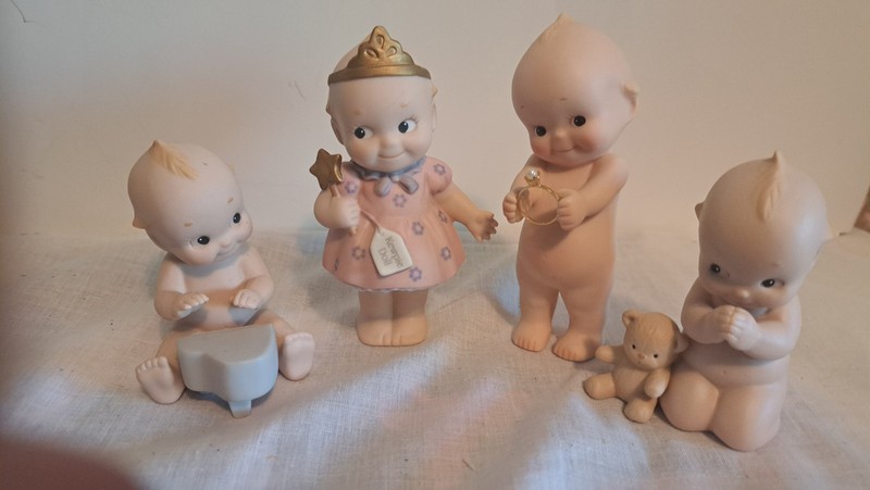 4  Bisque Kewpies - Playing Piano - Holding Pearl Ring - Bear -  Very Cute!