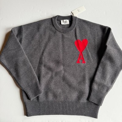 AMI Paris ADC Heart Logo Grey Crewneck Wool Sweater - Men's Medium