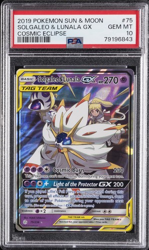 2019 POKEMON SUN & MOON COSMIC ECLIPSE #75 SOLGALEO & LUNALA GX PSA 10
