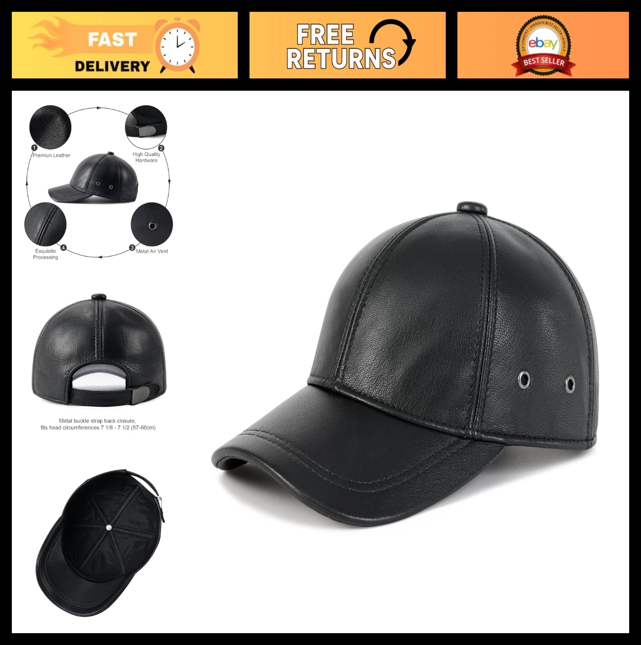 Men's Genuine Leather Baseball Cap, Adjustable Fit, Stylish Leather Hat