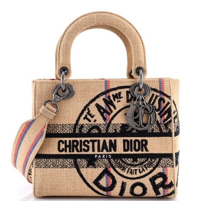 Christian Dior Lady D-Lite Bag Embroidered Jute Canvas Medium