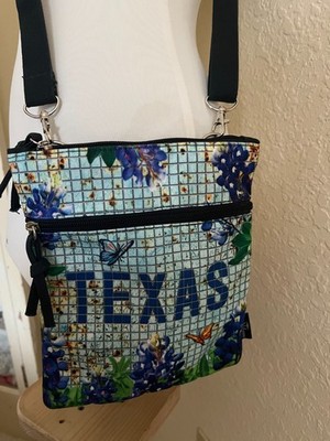 Robin Ruth TEXAS Blue Floral Butterfly Cotton Canvas Crossbody Purse 8x9 NEW