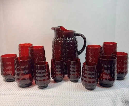 Vintage Anchor Hocking Ruby Red BUBBLE Glass Pitcher + 12 Tumblers Set Of 13