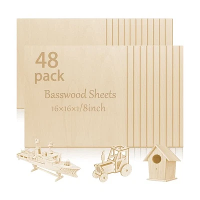 VEMKYRIO 48 Pcs Basswood Sheets Plywood, 16 x 16 x 1/8 Inch - 3mm Thick Unfinished Woo...