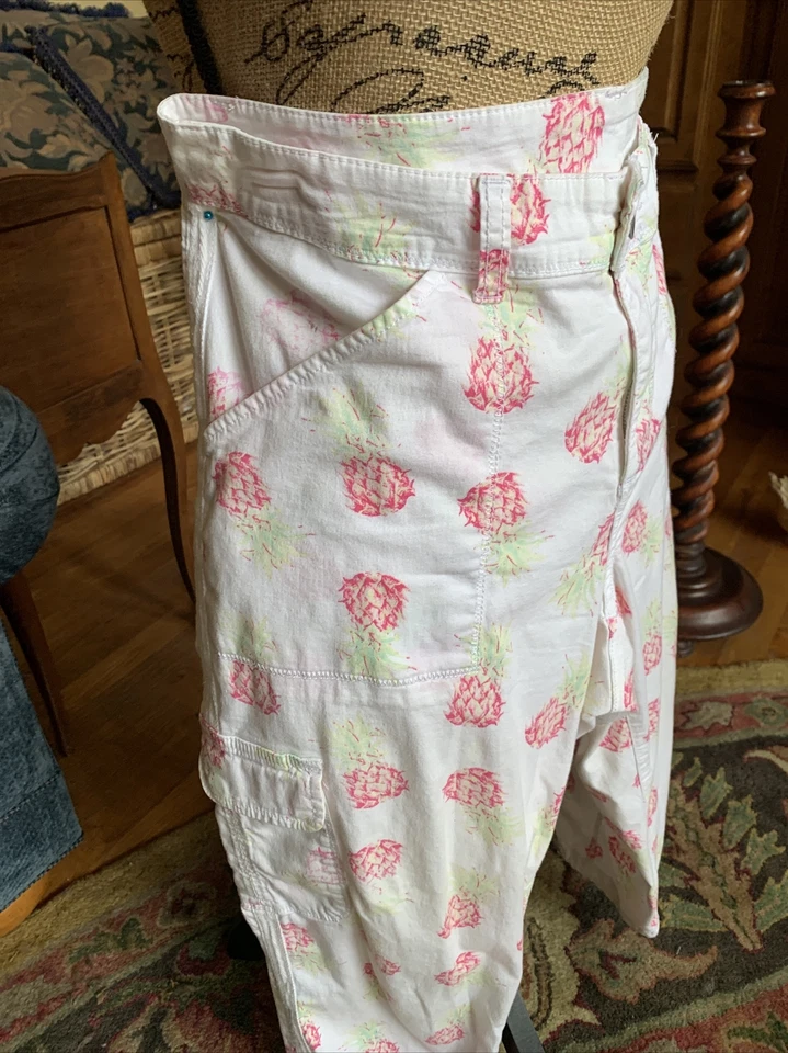 White Cotton Crop Cargo Pants Pink Pineapples Flap Pockets Ties 16 - 34” 20” - Image 2 of 4