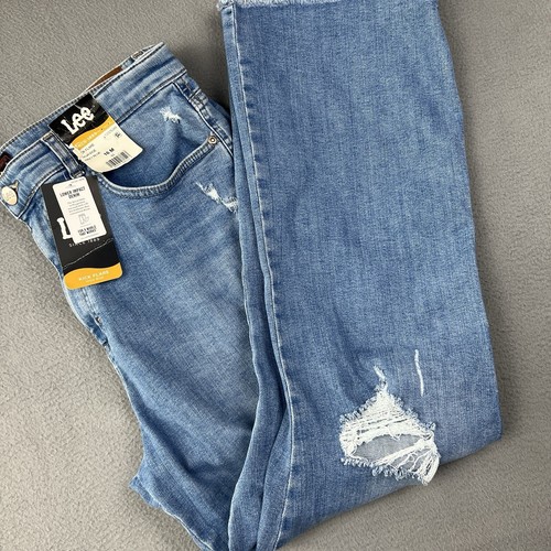 Lee High Rise Jeans Womens 16 M Blue Distressed Raw Hem Kick Flare Heritage