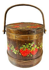 Vintage Hand Painted Wooden Firkin Sugar or Ice Basket with Strawberries