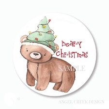 30 Merry Christmas Bear Scrapbook Stickers 1.5" Round Envelope Seals Favors