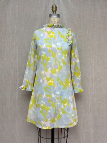 Mini Vestido De Colección Años 60 Mod Pastel Floral Volantes Línea A Scooter Twiggy Crepe Poli S - Imagen 19 de 19
