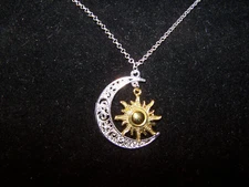 large CELESTIAL CRESCENT MOON GOLD SUN pendant 22" Sterling Silver 925 necklace 