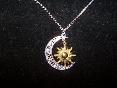 large CRESCENT MOON GOLD SUN pendant charm 20'' Sterling Silver 925 necklace gift