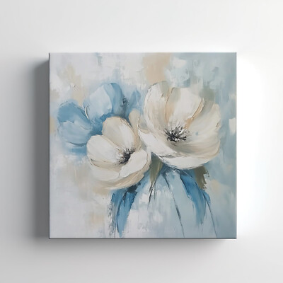 Beige Blau Blumen Vintage Leinwandbild Wandbild, Floral Wohndeko Wandbehang