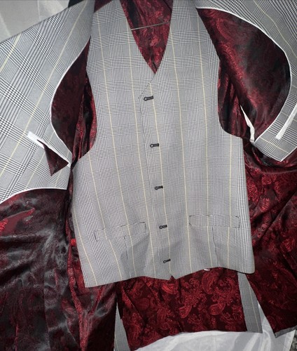 Vittorio St. Angelo Black White Plaid Blazer w/ WaistCoat (42R 36W) Red Interior - 第 16/24 張圖片