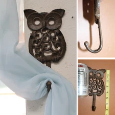Owl Design Curtain Tie Backs / Hold Backs Rustic Brown Cast Iron, H-47