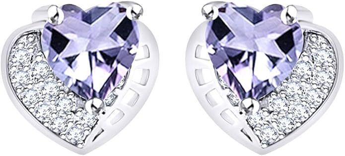 Heart Stud Earrings with Simulated Birthstone in 14K White Gold Plated Silver-image
