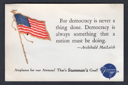 USA WW2 Military Airforce 1940s GRUMMAN AIRCRAFT Promo Card. Patriotic. Flag