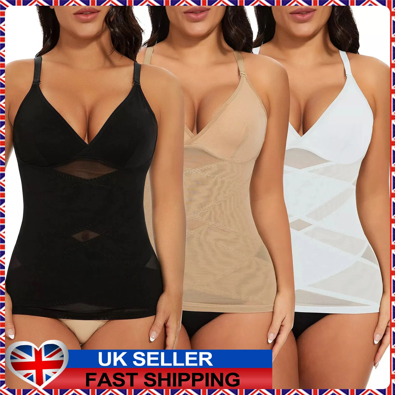 FeelinGirl 2-Pack Seamless Shapewear Tank Tops - Tummy Control Camisole With Adjustable Straps, Black & White, Medium