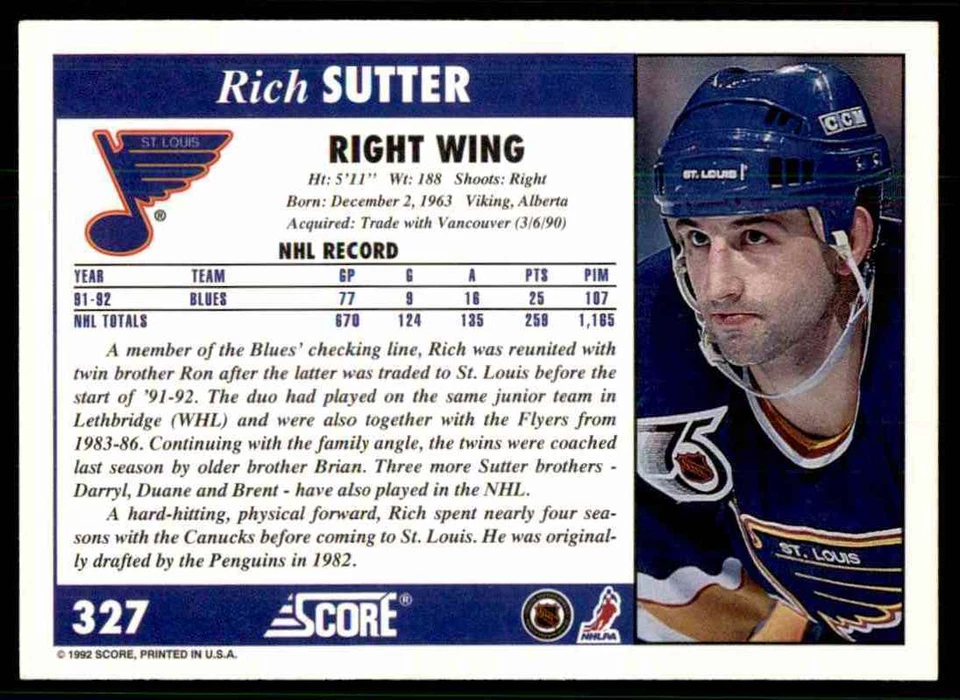 1992-93 Score Rich Sutter #327 - Image 2 of 2