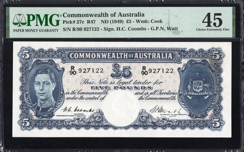 Australia 5 FIVE Pounds P27c R47 1949 Coombs Watt PMG45 Choice EF Banknote GOOD - Picture 1 of 2