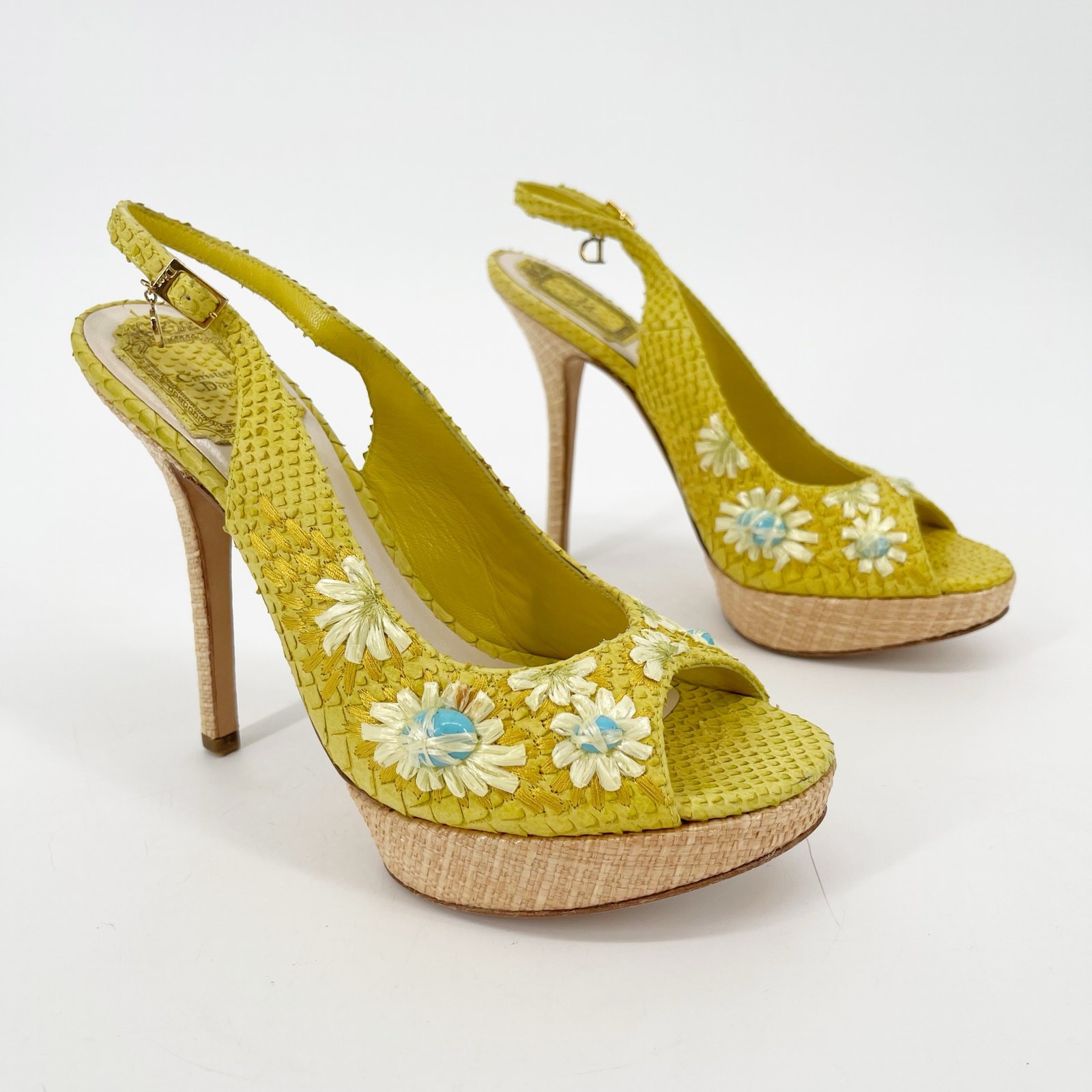 Dior Yellow Python Snakeskin Raffia Embroidered S… - image 1