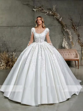 Romantic Satin Scoop Ball Gown Wedding Dresses Full Sleeves Beading Pearls