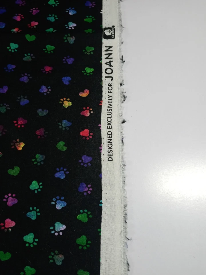Joann Fabrics Black Background Colorful Paw Prints 1 Yard + 33" x 44" NEW - Image 3 of 3