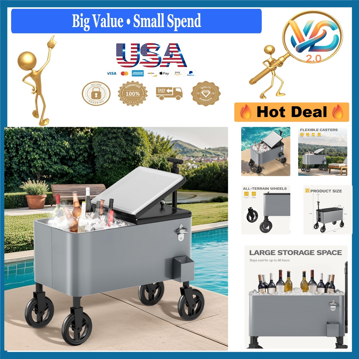 With Wheels Bottle Opener Drain Weather Resistant Silver
