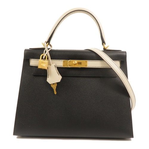 HERMES GHW Kelly 28 SPO 2 Way Shoulder Bag Veau Epsom Leather Noir Craie