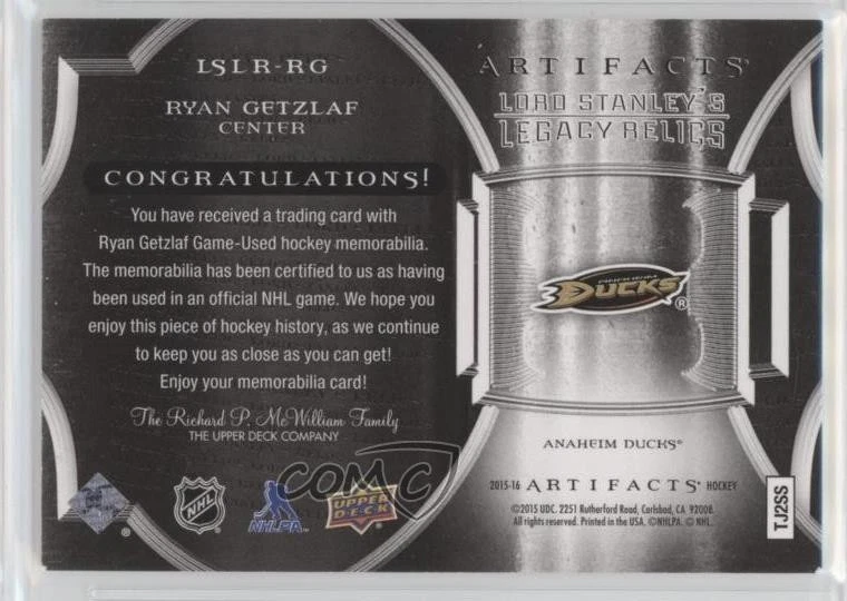 2015-16 Upper Deck Artifacts Lord Stanley's Legacy Relics Ryan Getzlaf #LSLR-RG - Image 2 of 2
