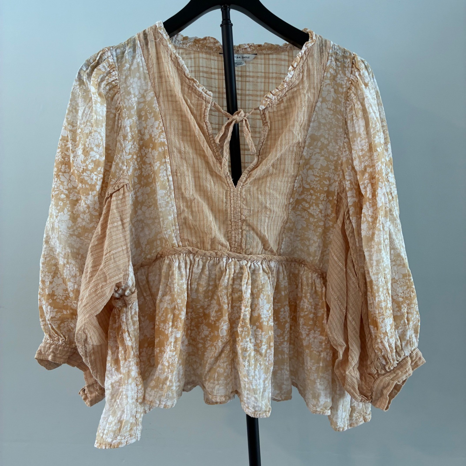 American Eagle Patchwork Floral Plaid Babydoll Bl… - image 1