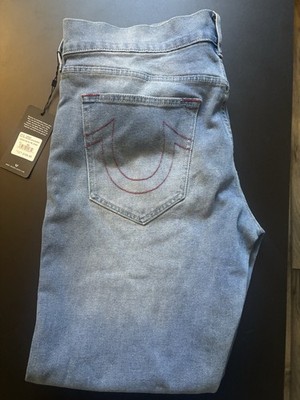 True Religion Slim Fit Medium Wash Denim Jeans Straight Style Logo Accents