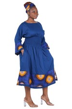 African Trim Midi Dress Smocked, Headwrap Pockets 100 Rayon Patch work