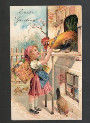 E122 Easter Antique Postcard PFB Girl At Rooster Hen House Egg Basket