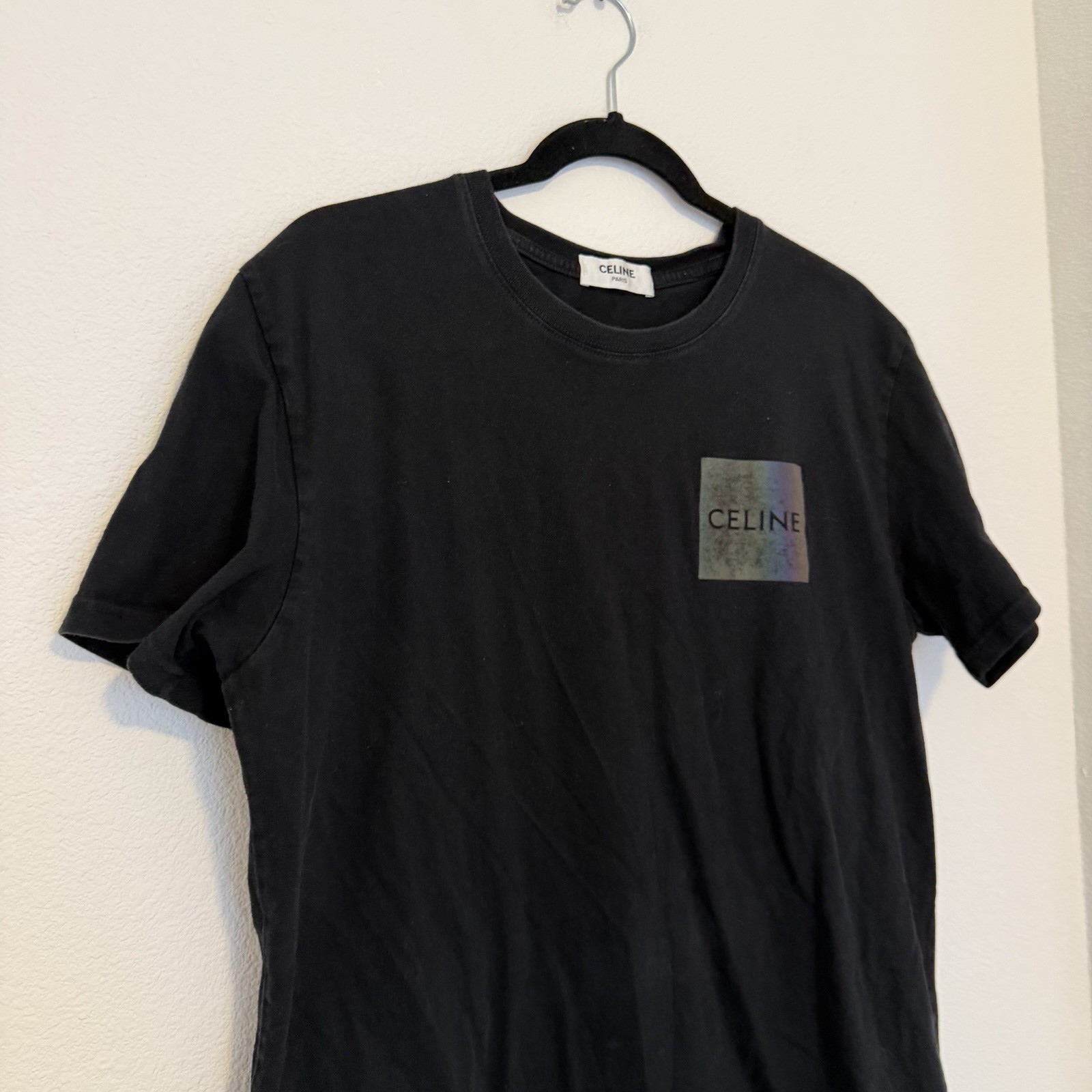Celine Front Patch Black Tee Basic Cotton Size Me… - image 3