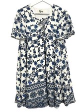 Show Me Your Mumu Dress Womens Medium White Blue Floral Lace Up Flutter Sleeve