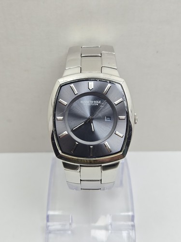 Kenneth Cole Reaction Mens Stainless Steel Blue Dial Date 35mm Watch New Battery