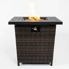 28'' Propane Fire Pit Table 50,000 BTU Fire Table with Brown Wicker Laval Rocks